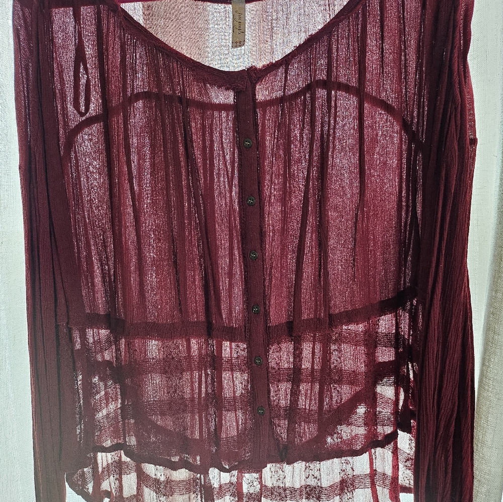 Free People Sheer Burgundy Button-Up Top